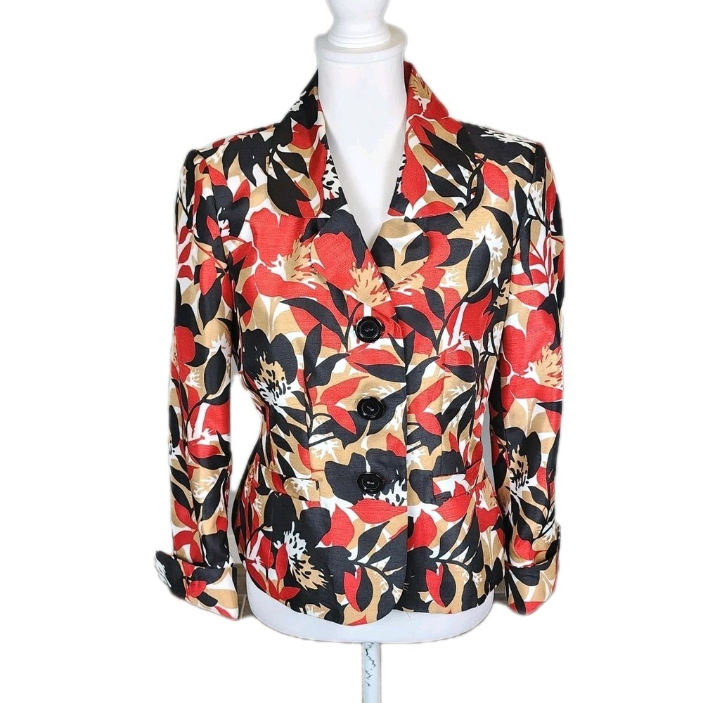 Jones Wear Jacket Blazer Womens 6 Red Black Floral Lined Casual Career Church‎